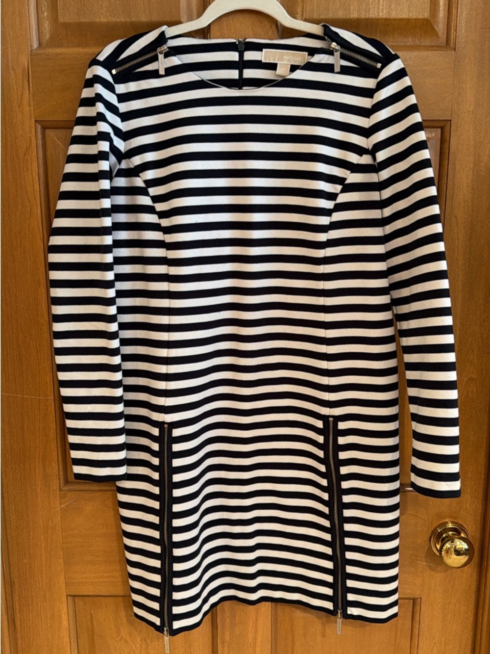 Michael Kors Black and White Striped Long Sleeve Shift Dress